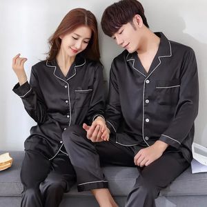 Pj Size Solid Set Loungewear Men Women Couple Color Long Satin Pyjamas Plus Sleepwear Pijama Pajamas Silk Suit Buttondown 240109