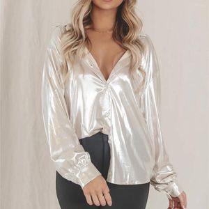Женские блузки Imcute, блестящая металлическая блузка для женщин, рубашки на пуговицах с длинным рукавом и V-образным вырезом, топ, повседневная свободная блестящая клубная одежда для дискотек