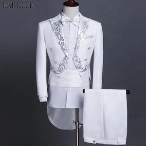 Jaquetas brancas fraque homens jacquard ternos bordados casaco de cauda 2 peças ternos masculinos (jaqueta + calças) noivos de casamento cantores de baile conjunto de smoking