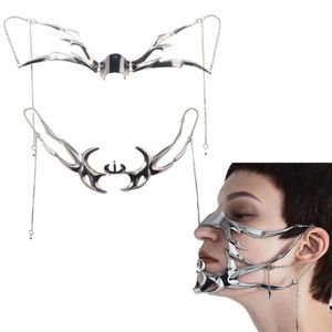 Máscara de metal gótica cyber punk, design de nicho de menina picante, máscara fluida exclusiva, decoração facial, brincos pingente, baile de máscaras, cosplay