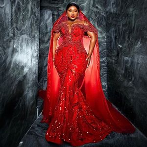 Plus Size Aso Ebi Vestidos de Baile Mangas Compridas Memaid Alças Lace Bead Vestidos de Noite Elegantes para Africano Árabe Nigéria Mulheres Negras Segunda Recepção Vestido AM368