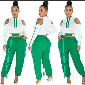 Summer new Women's Fashion splicing hollow out set two-piece set long sleeve t-shirt+pant strapless white green sexy oversized tracksuit set 3XL
