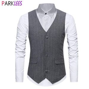 Vests Mens Gray Pin Stripe Dress Vest 2021 Brand Slim Fit V Neck Sleeveless Suit Vest Men British Formal Business Chalecos Para Hombre