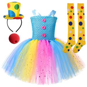 Glitzernde Zirkusclown-Kostüme für Mädchen, Halloween-Tutu-Kleid, Kinder-Joker-Cosplay-Outfit, Regenbogen-Funkeln, Weihnachtsparty-Kleidung 240109