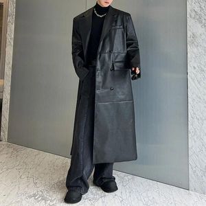 Trench da uomo di nicchia stile coreano da uomo in pelle PU doppio petto colletto da abito spalla larga giacche casual vintage