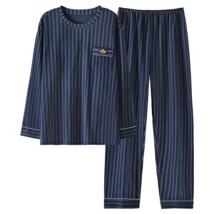 Autumn Loungewear Fashion Sleepwear Spring Men Casual for Comfortable Male s Neck Cotton Sets Striped Pajama 240110