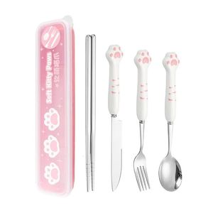 Cute Cat Claw Ceramic 304 Stainless Steel Tableware Spoon Fork Chopsticks Cute Cartoon Good Gift Cutlery Set 240110