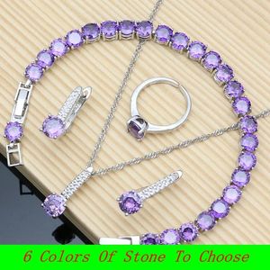 Uppsättningar Natural 925 Silver smycken Purple Amethyst Topaz Birthstone Gemstone Jewelry Set Women Earrings/Pendant/Necklace/Rings/Armband