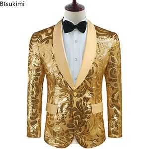 Mäns glänsande guld paljetter blazer stylsih sjal krage en knapp smoking blommig dräkt jacka party brudgum kostym homme 240110