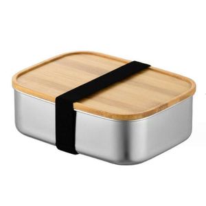 800-ml-Lebensmittelbehälter, Lunchbox mit Bambusdeckel, Edelstahl-Bento-Box, Holzoberfläche, 1-lagiger Lebensmittel-Küchenbehälter, einfach zum Mitnehmen auf Reisen im Freien