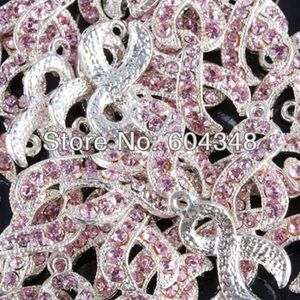 100st Silver Color Pink Crystal Rhinestone Ribbon Breast Cancer Awareness Charms Dingle Pärlor Pendant Smycken Fynd240x