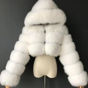 Winter Warme Mode Mit Kapuze Faux Pelzmantel Frauen S-3XL Pelzigen Mantel Elegante Plüsch Crop Jacke Femme Farbe Täglich Casual 240109