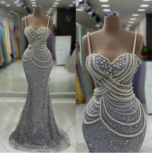 Elegant Mermaid Evening Dresses Pearls Sequins Spaghetti Strap Party Prom Dress Illusion Sleeveless Long Dress for Special Occasion