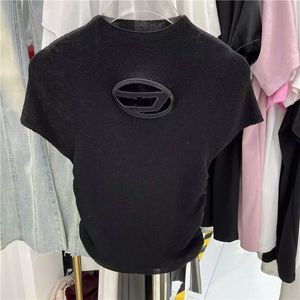 Short hollowed-out logo embroidery knit top summer crew neck short sleeve slim slim Spice Wind ice silk T-shirt top