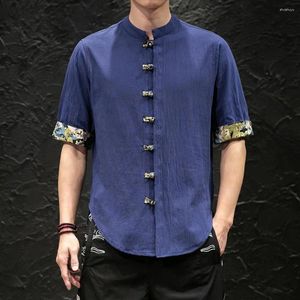 Camicie casual da uomo Camicia con colletto alla coreana Stand stile cinese Primavera con polsino stampato Bottoni monopetto con nodo Tinta unita