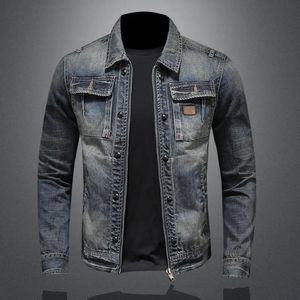 Masculino retro clássico denim jaqueta outono rua tendência bonito equitação à prova de vento roupas alta casual lapela 240109