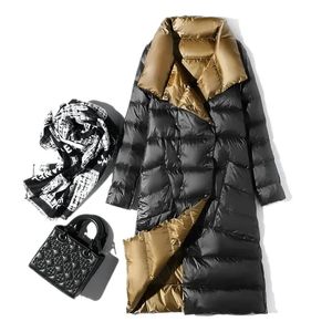 패션 겨울 여성 90% 흰색 오리 다운 재킷 긴 두꺼운 양면 코트 여성 따뜻한 이중 가슴 파카 아웃복