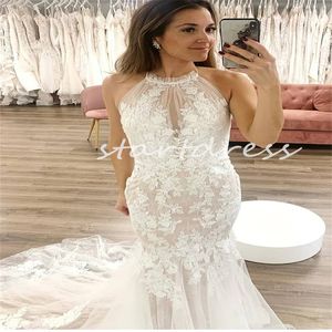 Gorgeous Light Champagne Mermaid Wedding Dress With Lace Appliques Fishtail Garden Country Style Boho Bridal Gowns Sexy Open Back Sweep Train Bride Dress 2024