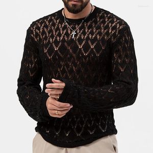 Camisolas masculinas manga comprida malha jumper tops homens outono vintage bordado oco para fora t-shirts de malha elegante sexy