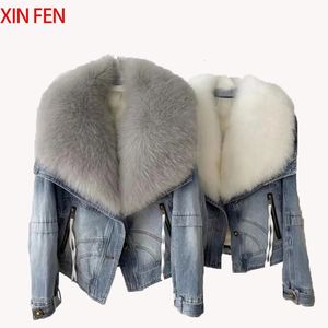 Winter Women Luxury Natural True Fox Fur Big Collar Goose Down Denim Down Jackets Short Warm Casual Jacket Coat 240109