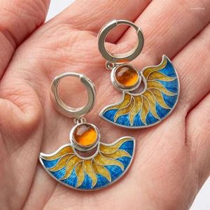 Dangle Earrings Delicate Irregular Fan Shaped Enamel Drop Fine Jewelry Sunflower Pattern Statement For Women Gift