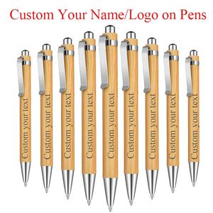 Персонализированная шариковая ручка из бамбука, ручки для текста с индивидуальным именем, черные чернила, офисные школьные принадлежности, канцелярские принадлежности, деловая ручка для подписи 240109