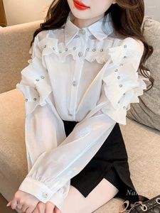 Kvinnor Bluses European Fashion Chiffon Shirt Spring Clothes 2024 Chic Top High-End Beautiful Rhinestone Long Sleeve Tops