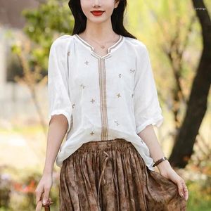 Blusas femininas verão 2024 algodão linho bordado manga curta blusa feminina solta casual moda literária vintage camisa superior feminino