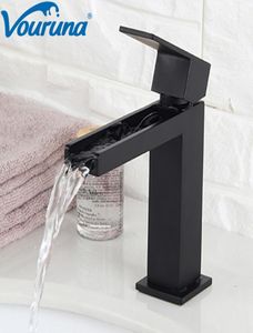 Vouruna Matte Black Waterfall Basin Faucet Deck مثبتة على الحمام بالوعة الخلاط الصنبور النحاس الصلبة البناء 6400281