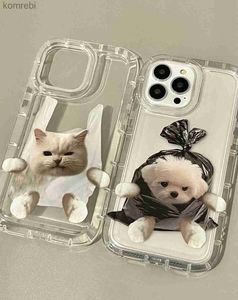 Mobiltelefonfodral koreansk söt katt hundtelefonfodral för iPhone 15 14 13 11 12 pro max 7 8 plus x xr xs mjuk tpu plånbok fodral back cover camera protectl240110
