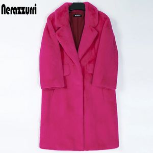 Nerazzurri Winter Long Pink Faux Fur Coat Women Lapel Warm Thick Black Soft Fluffy Jacket Loose Stylish Korean Fashion 240110