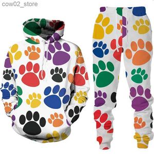 Herrspårsfall Fashion 3D Cat Paw Print Two Piece Set för kvinnor Kawaii Hoodies/Pants/Casual Sport Suit Chic and Elegant Female Clothing Q230110