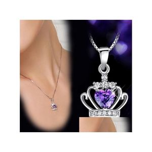 Colares de pingente clássico coroa pingente colar moda 925 esterlina sier cristal austríaco roxo / sier onda de água gota entrega jóia dhsjd