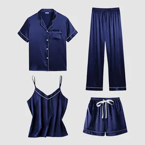 Men's Sleepwear Women Pajama Sets Silk Satin Pijama Turn-Down Collar Short Sleeve Shirt Camis Spring Nightwear 4 Pieces Homewear