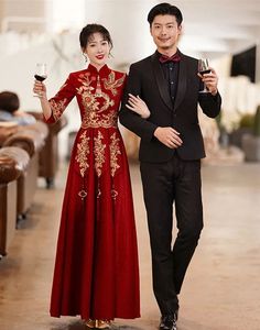 Tematyczne sukienki ślubne Chińska czerwono -syrenka Cheongsam sukienka wysoka szyja długie rękawy