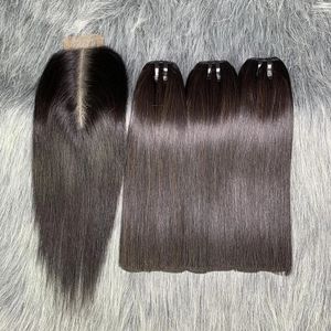 Bone Straight Raw Human Hair Bundles 100% 12A Straight Raw Human Hair Nature Black 3bundles with Closure 2x6 Lace Kim K Closure 240111