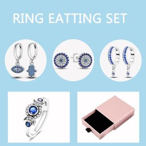 Sets 5pcs/lot Devil Eye Earrings 925 Silver Evil Eye Hoop Earrings Shining Moon Blue Stone Ring For Women Jewelry Rings Set Gift Box