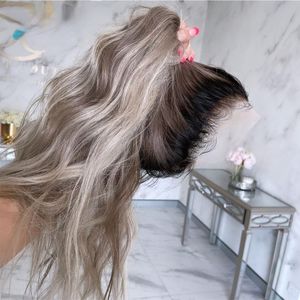 200 densidade brasileira cabelo humano peruca dianteira do laço cinza loira sombra raiz leve ondulado peruca ombre smokey cinza perucas dianteiras do laço completo para mulher