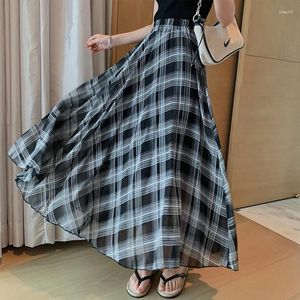 Saias Tingyili cintura alta grande balanço longo maxi xadrez mulheres primavera verão retro chiffon saia coreana moda senhoras casuais