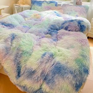 Gradient Shaggy Coral Fleece Warm Cozy Mink Velvet Quilt/Duvet Cover Set Blanket Pillowcases Faux Rabbit Fur Plush Bedding Set 240111