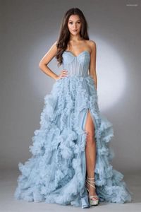 Vestidos de festa querida ilusão sem alças espartilho plissado vestido de fenda volta fecho de zíper vintage azul casamento convidado debutante baile