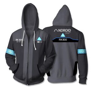 3D -tryckt hoodie -spel Detroit Bli Human RK800 Connor Cosplay Zip Up Hooded Unisex Jacket Sweatshirt Hoody Streatwear Coat V199874345