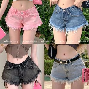 Koreansk mode hög midja Tassel denim shorts kvinnors sommar populära flickor korta jeans rosa heta byxor y2k