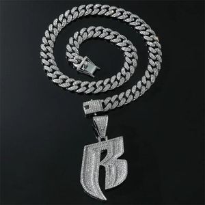 Colares Moda Ruff Ryders Jóias Hip Hop Colar com Letra de Cristal R Pingente com 13mm de Largura Iced Out Miami Cuban Chain Gargantilha