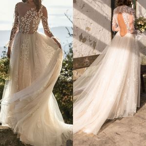 Fairy Ivory Beach Wedding Dresses Sheer Jewel Neck Lace Boho Bohemian Bridal Gowns Backless Long Sleeve Bride Dress