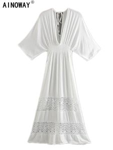 Ubierać się Vintage Chicki Kobiety Białe koronkowe patchwork plaża bohemian maxi sukienki szlafropowe panie głębokie v szyja elastyczna talia boho sukienka vestidos