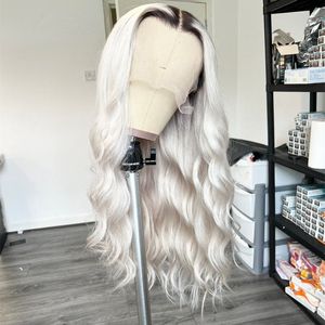 White Blonde Body Wave 13X4 Lace Front Human Hair Wig Transparent Ombre Grey Colored Synthetic Lace Frontal Wig for Women