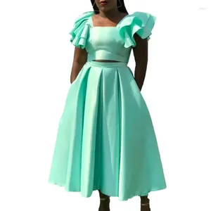 Etnik Giyim Bahar Modası Zarif İki Parça Set Afrikalı Kadınlar Günlük fırfırlı kolsuz Top Yüksek Bel Etek