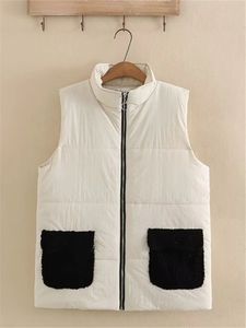 Artı Boyut Kadın Giyim Kış Yeleği Stand Yakası kolsuz ceket Interlayer eklendi Pamuk Peluş Peluş Tavşan ve Kontrast Cepler 240111