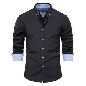 Autumn Cotton Oxford Shirt Men långärmad knapp ner fast färg Social Business Quality Casual Black Shirts för 240111